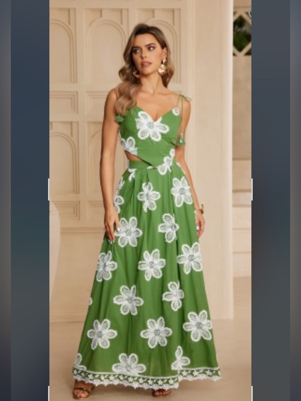 CHICWAYS Green White Floral Appliqué 2 Piece Maxi Skirt Set Small NWOT